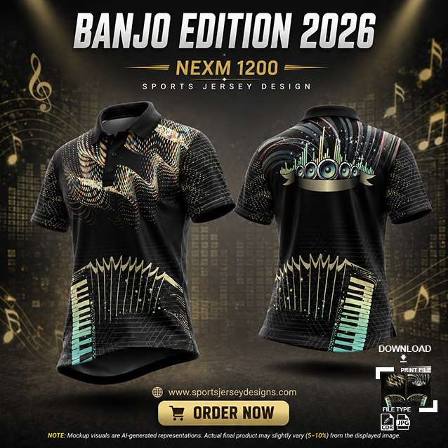 NEXM-1200 BLACK AND YELLOW PATTERN MUSICAL BANJO GROUP SUBLIMATION JERSEY DESIGN IN ORANGE AND BLACK COLOR