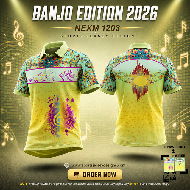 NEXM-1203 YELOW AND GREEN PATTERN MUSICAL BANJO GROUP SUBLIMATION JERSEY DESIGN IN ORANGE AND BLACK COLOR