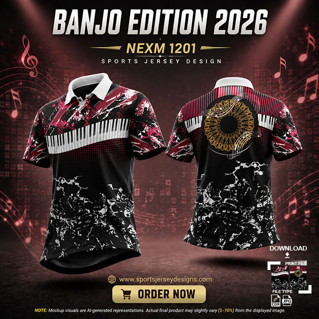 NEXM-1201 BLACK,WHITE AND PINK PATTERN MUSICAL BANJO GROUP SUBLIMATION JERSEY DESIGN IN ORANGE AND BLACK COLOR