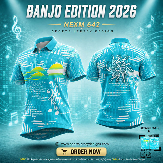 NEXM-642 BLUE AND WHITE MUSICAL BANJO GROUP SUBLIMATION JERSEY DESIGN IN ORANGE AND BLACK COLOR