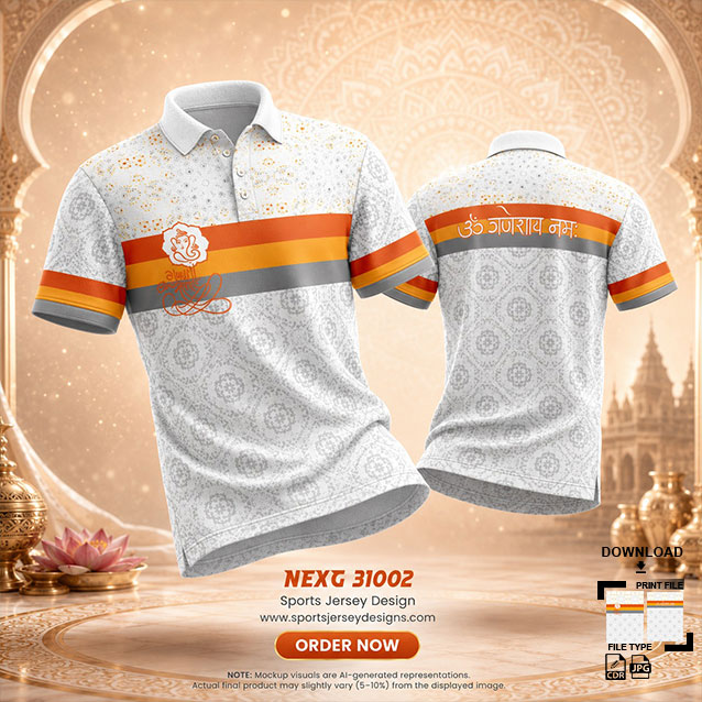NEXG-31002 WHITE,ORANEG AND GREY PATTERN GANESHA FESTIVAL JERSEY DESIGN