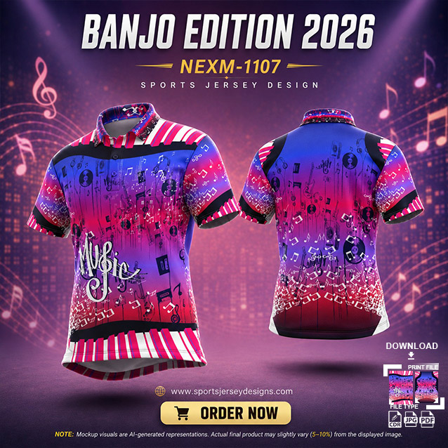 NEXM-1107 PINK AND PURPLE PATTERNS MUSICAL BANJO GROUP SUBLIMATION JERSEY DESIGN IN ORANGE AND BLACK COLOR