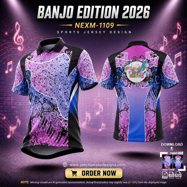 NEXM-1109 PINK,BLUE AND BLACK PATTERNS MUSICAL BANJO GROUP SUBLIMATION JERSEY DESIGN IN ORANGE AND BLACK COLOR