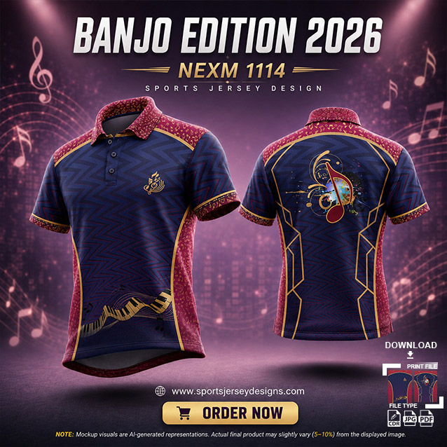 NEXM-1114 PINK AND PURPLE PATTERNS MUSICAL BANJO GROUP SUBLIMATION JERSEY DESIGN IN ORANGE AND BLACK COLOR
