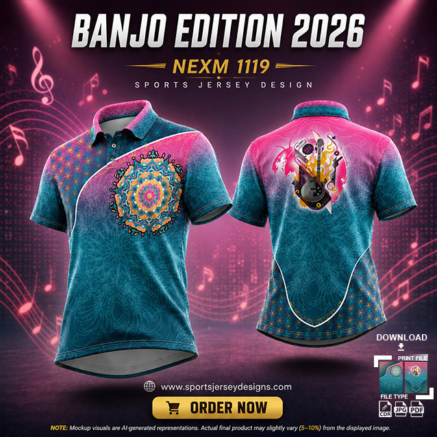 NEXM-1119 GREEN AND PINK PATTERNS MUSICAL BANJO GROUP SUBLIMATION JERSEY DESIGN IN ORANGE AND BLACK COLOR