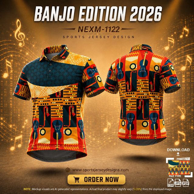 NEXM-1112 YELLOW AND BLUE PATTERNS MUSICAL BANJO GROUP SUBLIMATION JERSEY DESIGN IN ORANGE AND BLACK COLOR
