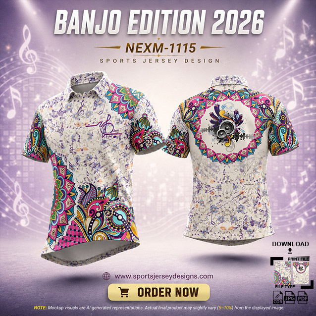 NEXM-1115 WHITE,PINK AND PURPLE MANDALA PATTERNS MUSICAL BANJO GROUP SUBLIMATION JERSEY DESIGN IN ORANGE AND BLACK COLOR