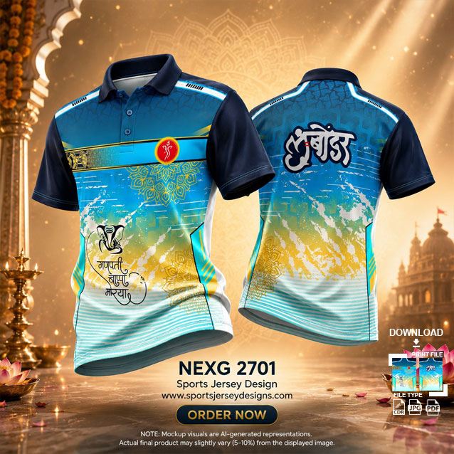 NEXG-2701 WHITE AND BLUE PATTERN GANESHA FESTIVAL JERSEY DESIGN