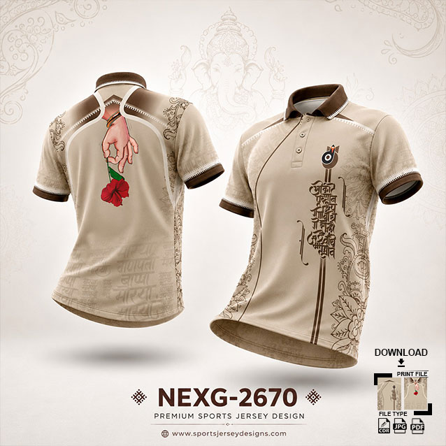 NEXG-2670 CREAM AND BROWN PATTERN GANESHA FESTIVAL JERSEY DESIGN