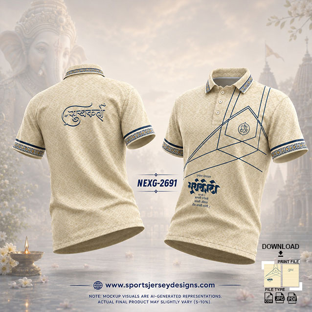 NEXG-2619 CREAM AND BLUE PATTERN GANESHA FESTIVAL JERSEY DESIGN