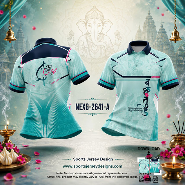 NEXG-2641 A GREEN AND NAVY BLUE PATTERN GANESHA FESTIVAL JERSEY DESIGN