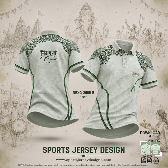 NEXG-2655 B GREEN AND WHITE PATTERN GANESHA FESTIVAL JERSEY DESIGN