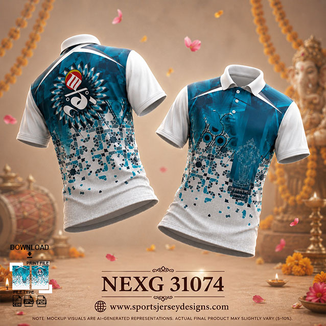 NEXG-31074 BLUE AND WHITE PATTERN GANESHA FESTIVAL JERSEY DESIGN
