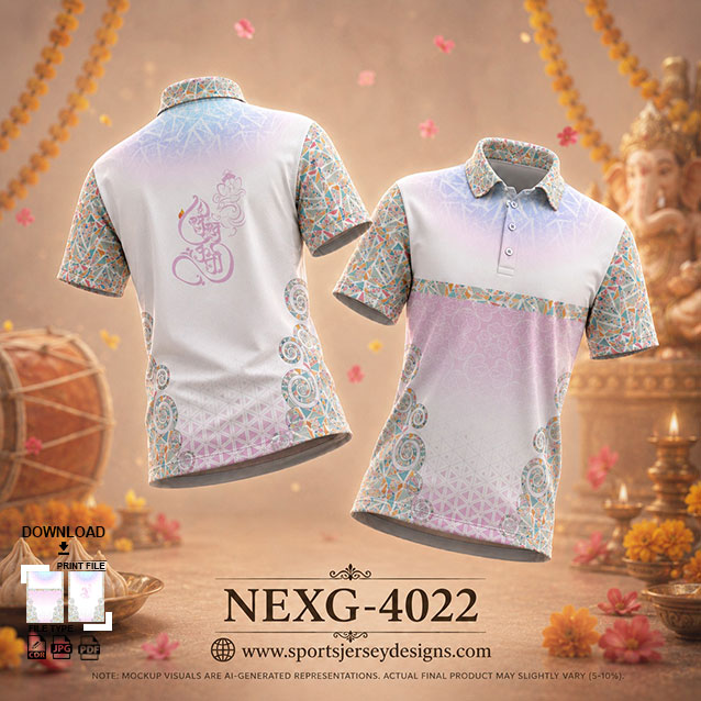 NEXG-4022 WHITE,PINK AND BLUE  PATTERN GANESHA FESTIVAL JERSEY DESIGN
