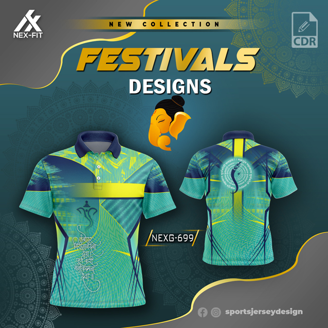 NEXG- 699 GANESHA FESTIVAL SUBLIMATION JERSEY DESIGN IN SEAGREEN AND NAVY BLUE WITH YELLOW SHAPES