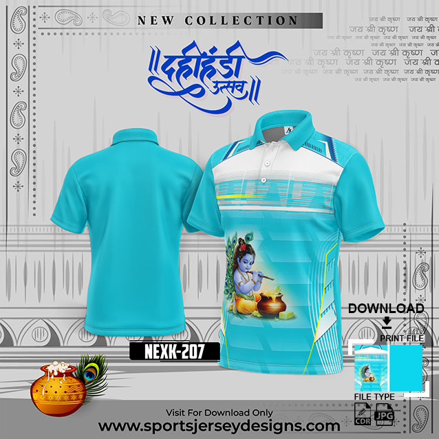NEXK 207 Dahi Handi Festival Jersey Design In Firozi And White Color