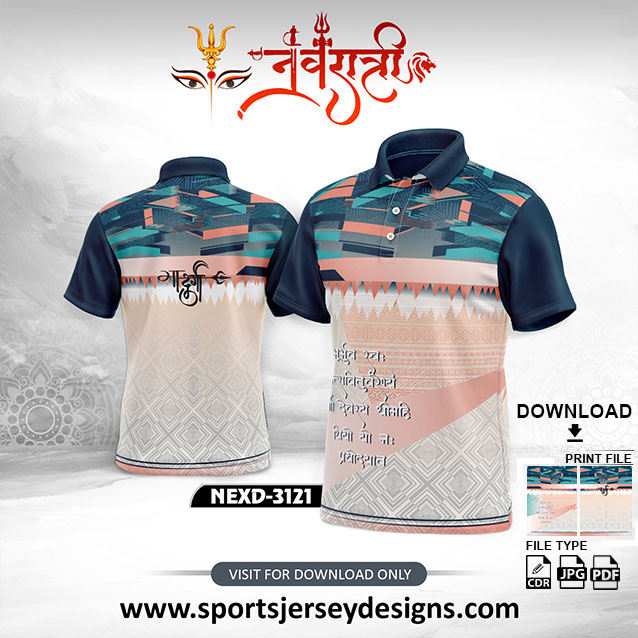 NEXD-3121 Navratri Special Sports Jersey – Teal, Peach & Navy Blue Geometric Pattern with Divine Calligraphy